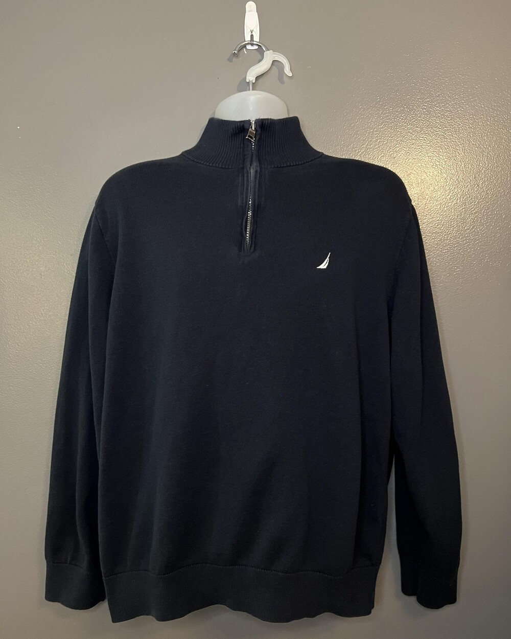 Nautica Sweater Mens XL Navy Blue 1/4 Zip Mock Neck Cotton Logo Knit Pullover